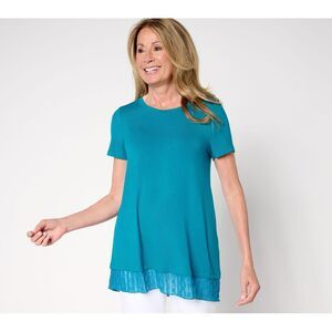 Liberare Women's Top Sz S Knit Short Sleeve Lace Hem Blue A697229